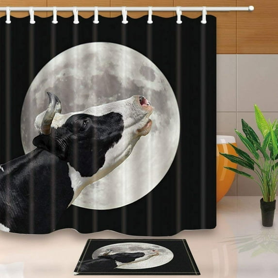 BPBOP Farm Animals Decor A Black and White Cow Moans at the Moon Shower Curtain 66x72 inches with Floor Doormat Bath Rugs 15.7x23.6 inches