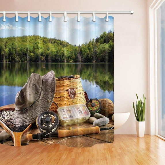BPBOP Fishing Fishing Hooks Rods on Wooden by the Lake Polyester Fabric Bath Curtain, Bathroom Shower Curtain 66x72 inches