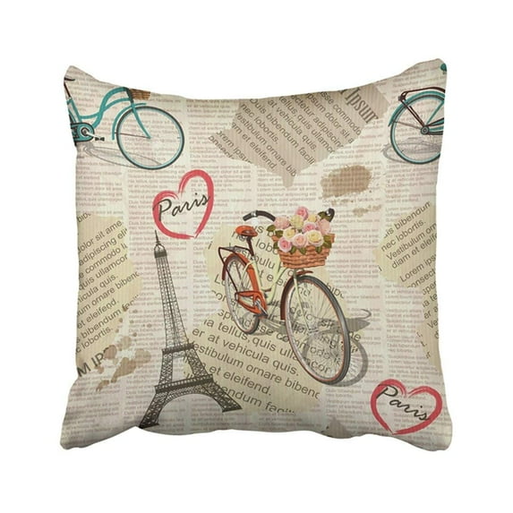 BPBOP Flower Paris Vintage Newspaper Postal Retro Floral France Bicycle Nature Drawing Pillowcase Pillow Cover 18x18 inches