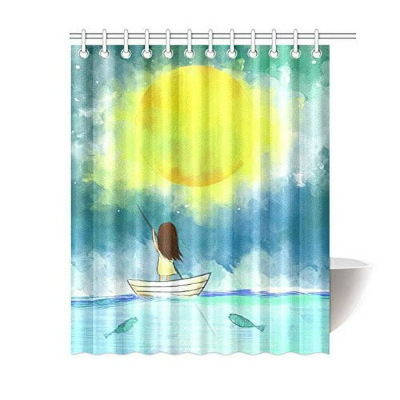 BPBOP Full Moon Sea Ocean Fishes Shower Curtain, Drawing of Lonely Girl Sail Boat Polyester Fabric Shower Curtain Bathroom Sets with Hooks 60x72 Inches