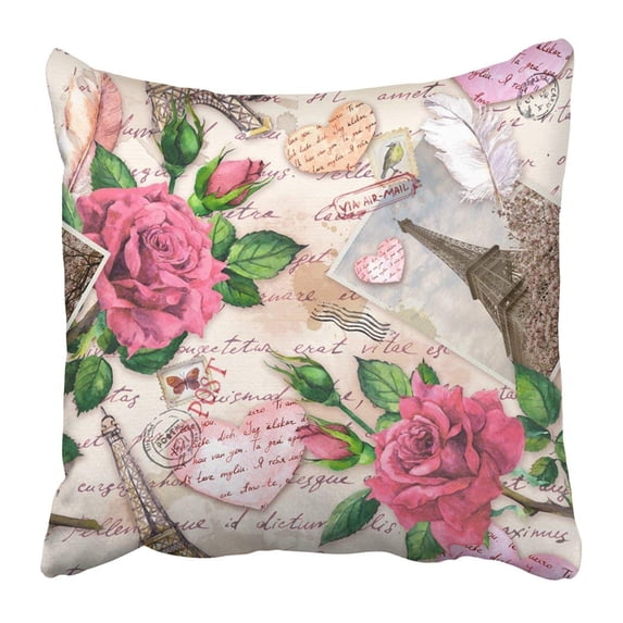 BPBOP Hand Written Notes Hearts Vintage Of Eiffel Tower Red Rose Flowers Postal Stamps Pillowcase 18x18 inch