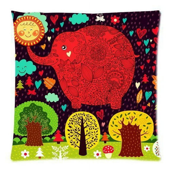 BPBOP Home Decor Red Flower Elephant And Colorful Tree Zippered Throw Pillow Cover Cushion Case 20x20 inchesTwo Sides Printing