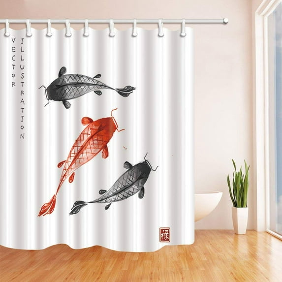BPBOP Japanese Decor Hand Drawn Vector illustration Red and Black Koi Carps Polyester Fabric Bathroom Shower Curtain 66x72 inches
