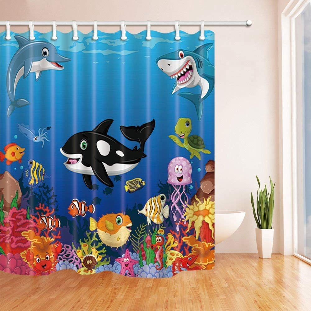 KOTOM Kinder-Duschvorhang 'Love Sea' - Lustige Meeres-Tiere, Wal & Korallen-Design, Wasserdicht & Inkl. Haken (175x178 Cm)