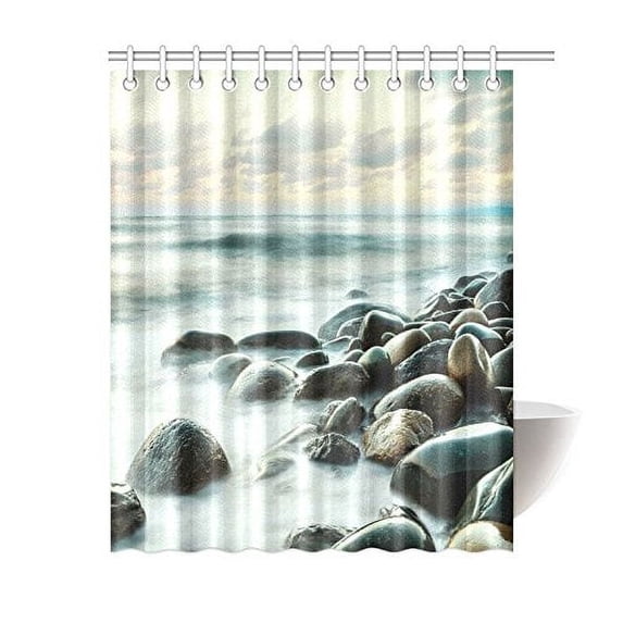 BPBOP Long Exposure of Sea Rocks and Stones Shower Curtain, Teal Tone Polyester Fabric Shower Curtain Bathroom Sets with Hooks 60x72 Inches