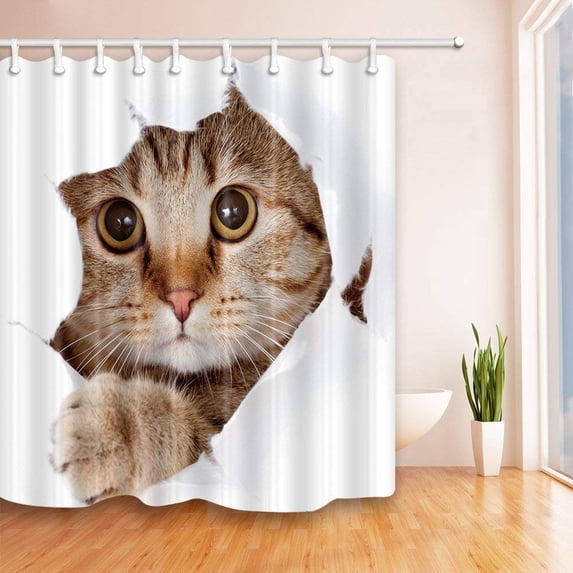 BPBOP Lovely Cat in the White Background Stereo Perception Polyester Fabric Bathroom Shower Curtain 66x72 inches
