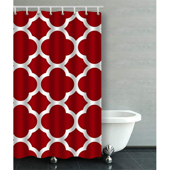 BPBOP Moroccan Quatrefoil Cranberry Red And White Pattern Bathroom Shower Curtain 48x72 inches