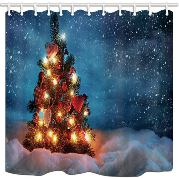 BPBOP New Yaer Christmas Tree With Gift And Light In Snow Polyester Fabric Bathroom Shower Curtain 66x72 inches