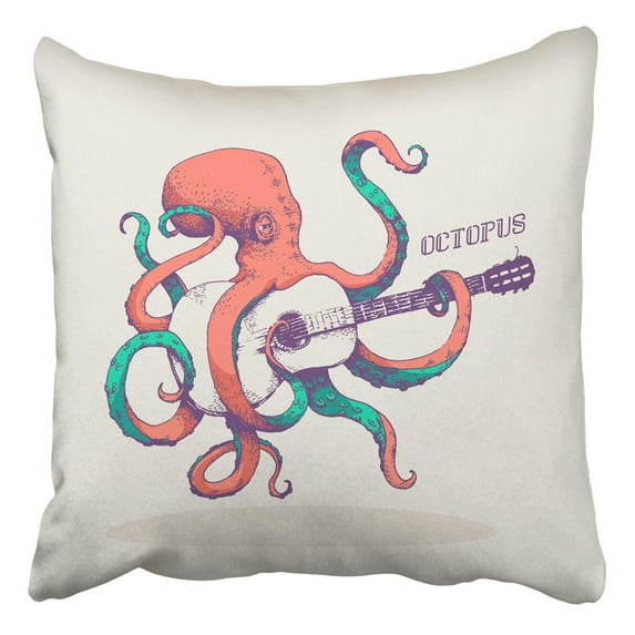 BPBOP Octopus Colored Octopus Playing Guitar Hand Drawn Vintage Pillowcase Cover Cushion 18x18 inch