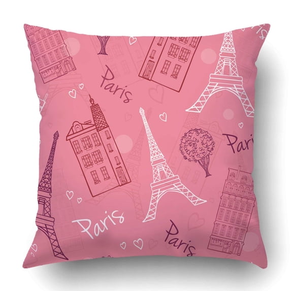 BPBOP Pink Romantic Paris Streets Pattern with Eiffel Tower houses trees and hearts Pillowcase Throw Pillow Cover Case 18x18 inches