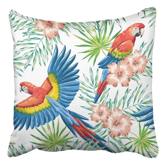 BPBOP Red Macaw Parrots Green Palm Leaves Pink Hibiscus Flowers Pillowcase 16x16 inch