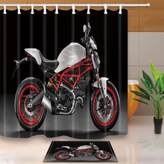 BPBOP Risky Red Motorcycle in Black Decor Shower Curtain 66x72 inches with Floor Doormat Bath Rugs 15.7x23.6 inches