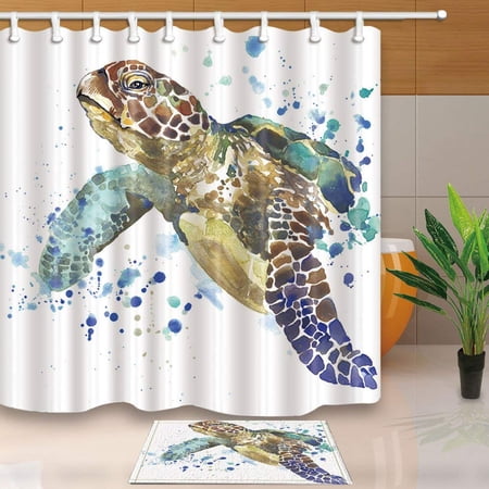 BPBOP Sea Animal Lover Watercolor Brick Turtle Polyester Fabric Shower Curtain Shower Curtain 66x72 inches with Floor Doormat Bath Rugs 15.7x23.6 inches