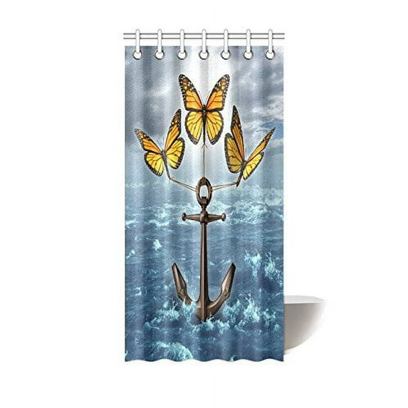 BPBOP Storm Ocean Butterfly Anchor Shower Curtain Hooks 36x72 inches Blue Color Fabric Lifting the Burden -Monarch Butterfly Raising A Heavy Anchor from A Stormy Ocean