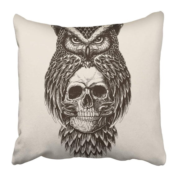 BPBOP Tattoo Elaborate Drawing of Owl Holding Skull Vintage Engraved Abstract Bird Dead Engraving Feather Pillowcase Pillow Cover 16x16 inches