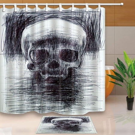 BPBOP Terror The Sketch Skull Shower Curtain 66x72 inches with Floor Doormat Bath Rugs 15.7x23.6 inches