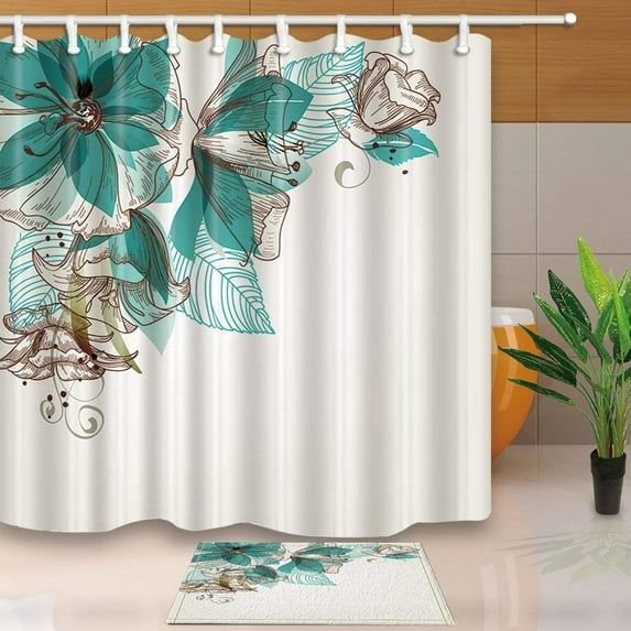 BPBOP Turquoise Decor Flowers Buds Leaf at the Top Left Corner Shower Curtain 66x72 inches with Floor Doormat Bath Rugs 15.7x23.6 inches