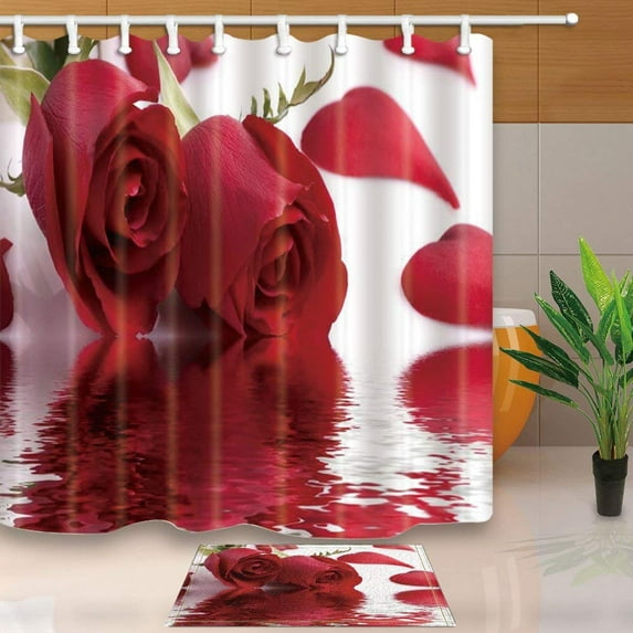 BPBOP Valentine's Day Bath Curtain for Bathroom Red Rose Flower in the Water Shower Curtain 66x72 inches with Floor Doormat Bath Rugs 15.7x23.6 inches