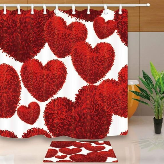 BPBOP Valentine's Day Decor Red Fluffy Soft Heart Toys for Lover Shower Curtain 66x72 inches with Floor Doormat Bath Rugs 15.7x23.6 inches