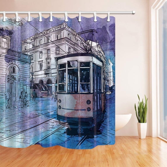 BPBOP Watercolor City Street View Decor Vintage Bus Polyester Fabric Bathroom Shower Curtain 66x72 inches