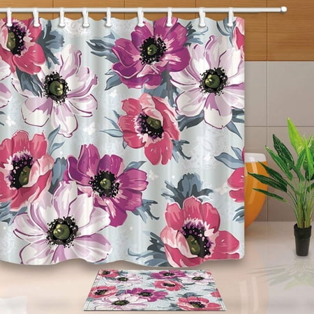 BPBOP Watercolor Flowers Painting Shower Curtain 66x72 inches with Floor Doormat Bath Rugs 15.7x23.6 inches