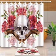 BPBOP Watercolor Human Skull with Guns and Roses Shower Curtain 66x72 inches with Floor Doormat Bath Rugs 15.7x23.6 inches