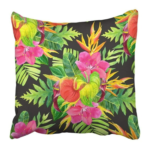 BPBOP Watercolor Tropical Flowers Beautiful with Plants on Black Composition with Palm Leaves Pillowcase 20x20 inch