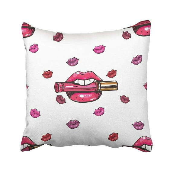 BPBOP White Abstract Sketch Graphic Glossy And Shine Pink Lips Mouth Rouge Paint Red Lipstick Pillowcase Cover 18x18 inch