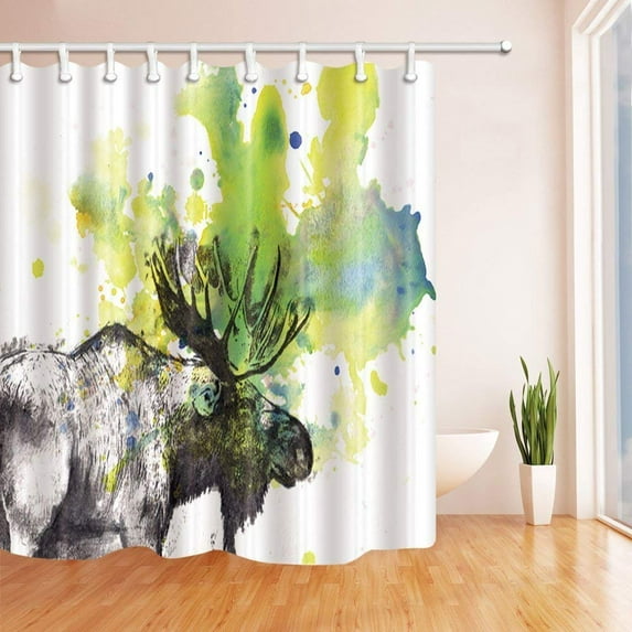 BPBOP Wild Animal Watercolor Prairie Wildlife Moose Polyester Fabric Bath Curtain, Bathroom Shower Curtain 66x72 inches