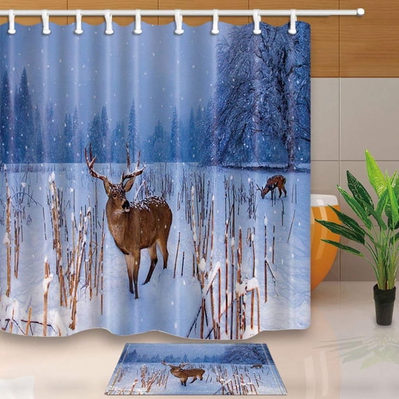 BPBOP Winter A Deer In Snow Shower Curtain 66x72 inches with Floor Doormat Bath Rugs 15.7x23.6 inches