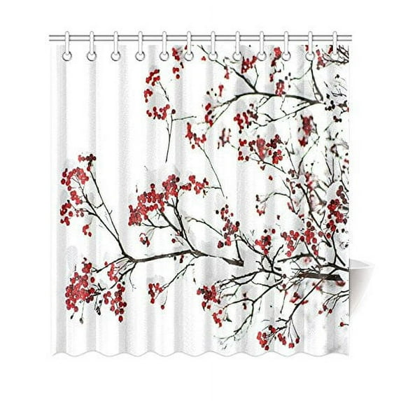 BPBOP Winter Season Landscape Shower Curtain, Clusters of Red Rowan Berry under the Snow Polyester Fabric Shower Curtain Bathroom Sets with Hooks 66x72 Inches