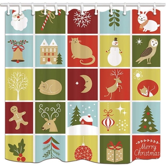 BPBOP Xmas Christmas Fox Owl Cat Santa gingerbread Man Reindeer in Squared Polyester Fabric Bathroom Shower Curtain 66x72 inches