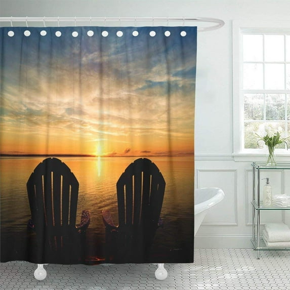 BPBOP the Backs of Two Adirondack Chairs Waiting at End Dock to Enjoy Early Morning Summer Sunrise Shower Curtain 60x72 inch