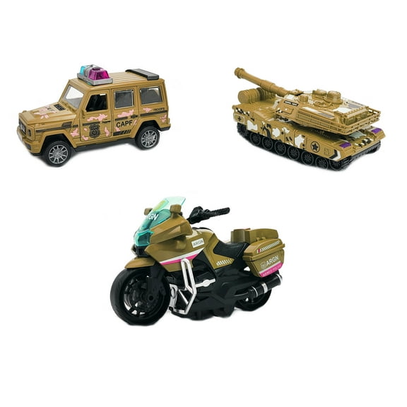 BPC Friction Powered 3-in-1 Military Vehicle Set – Tank, Armored Car, Motorbike | Die-Cast Alloy Pull-Back Toy Cars for Kids