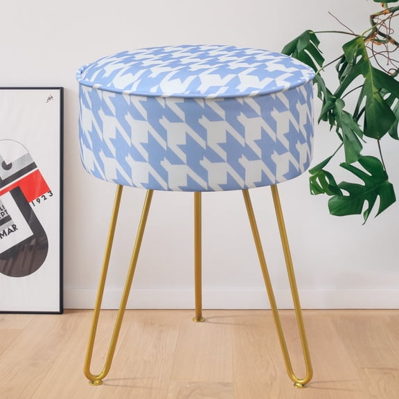 BPEDT Blue Vanity Stool Chair , Round Ice Silk Fabric Ottoman Foot Rest, Accent Multifunctional Small Side Table Footstool with Metal Legs for Makeup Room Living Room Bedroom