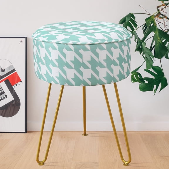 BPEDT Green Vanity Stool Chair , Round Ice Silk Fabric Ottoman Foot Rest, Accent Multifunctional Small Side Table Footstool with Metal Legs for Makeup Room Living Room Bedroom