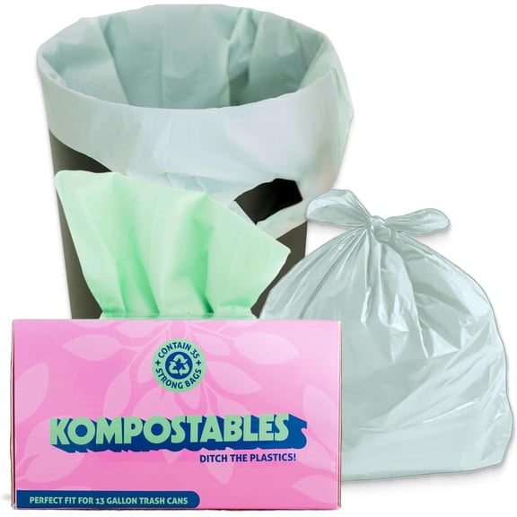 BPI 100% Home Compostable Kitchen Trash Bags, 13 Gallon 1.5 Mil Heavy Duty Unscented Plant Based Bags w/Handles, Tall Biodegradable Garbage, Compost & Food Scrap Waste Can Liners, 35 Ct