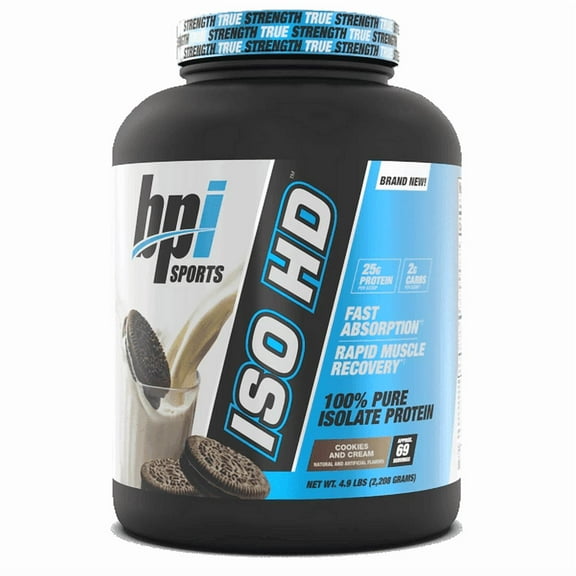 BPI Sports ISO HD Isolate Protein Powder – 100% Whey Isolate, Protein Powder for Muscle Gain - Cookies and Cream, 4.9 LBS - 70 Servings