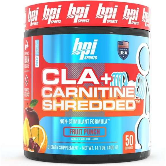 BPI Sports CLA + Carnitine Shredded for Lean Muscle & Fat Loss, Fruit Punch, 14.1 oz, 50 Servings