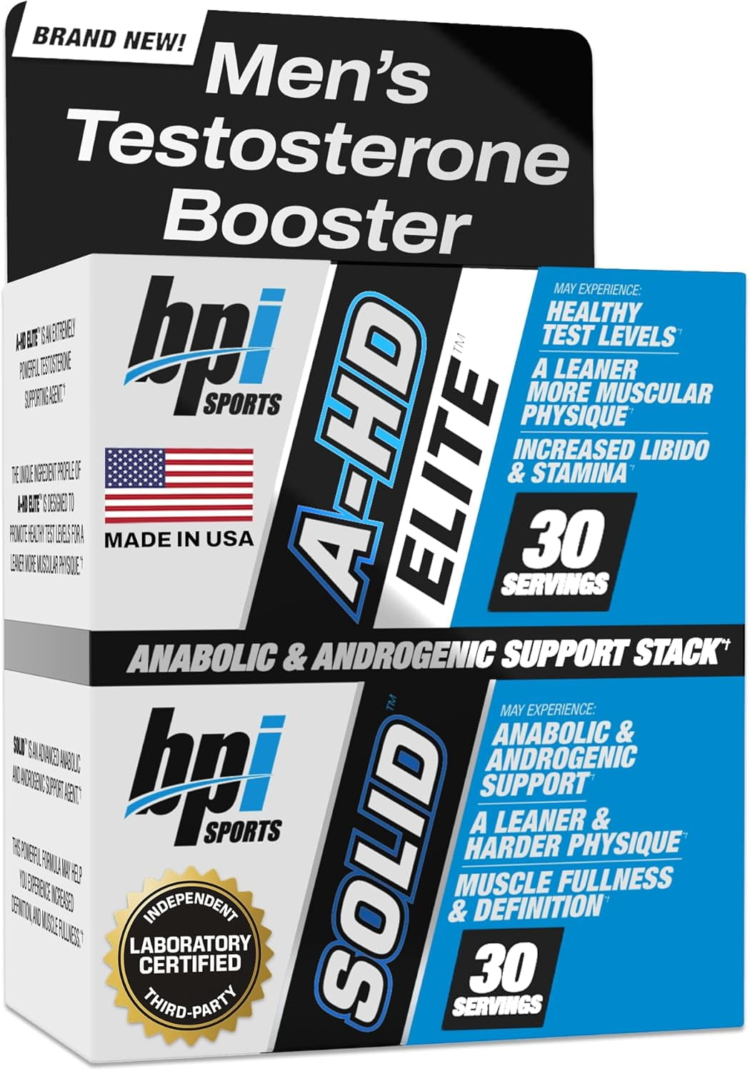 BPI Sports A-HD Elite & Solid Testosterone Booster for Men, Supports Muscle, Strength & Fat Loss, 30 Servings