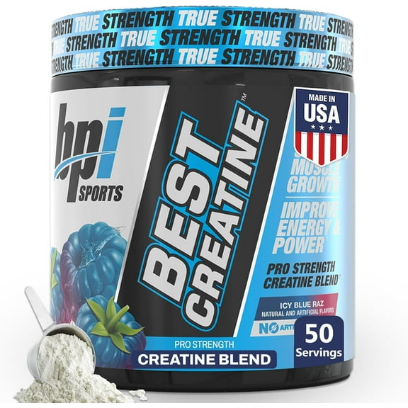 BPI Sports Best Creatine - Creatine Monohydrate, Himalayan Salt - Strength, Pump, Endurance, Muscle Growth, Muscle Definition - No Bloat - Icy Blue Raz - 50 servings - 10.58 Ounce