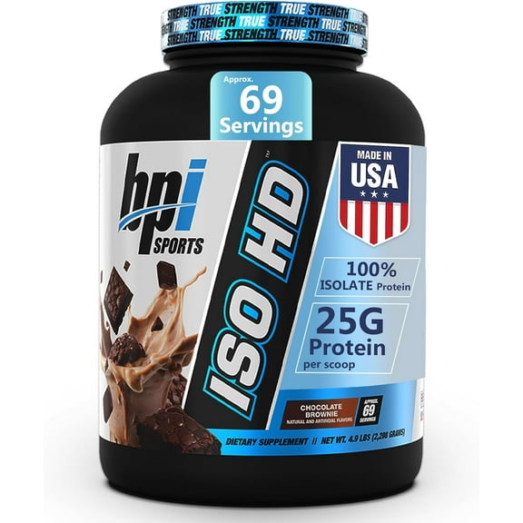 BPI Sports ISO HD Isolate Protein Powder – 100% Whey Isolate, Protein Powder for Muscle Gain - Chocolate Brownie, 4.9 LBS - 70 Servings