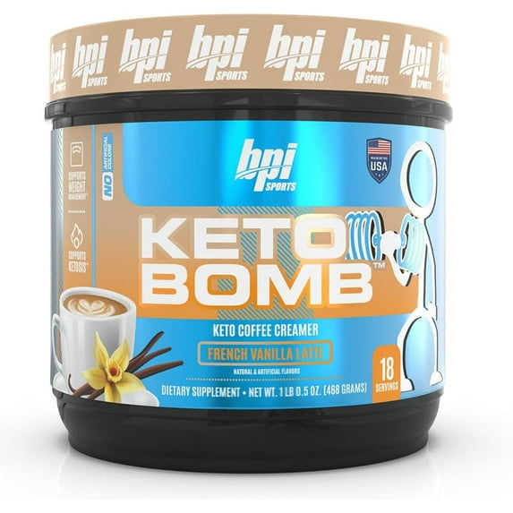 BPI Sports Keto Bomb Coffee Creamer - Supports Energy and Hydration - MCT and Electrolytes - with Calcium - French Vanilla, 18 Servings