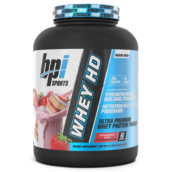 BPI Sports Whey HD Ultra Premium Protein Powder Isolate, Workout Powder for Muscle Gain, Milk Protein Concentrates, Strawberry Cake, 4.07 Pound (50 Servings)