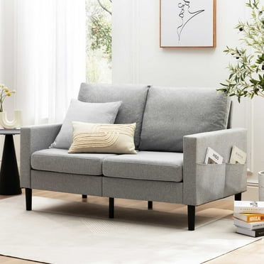 Liv Modern Upholstered Fabric Loveseat Sofa with Armrest Pockets, Light Gray