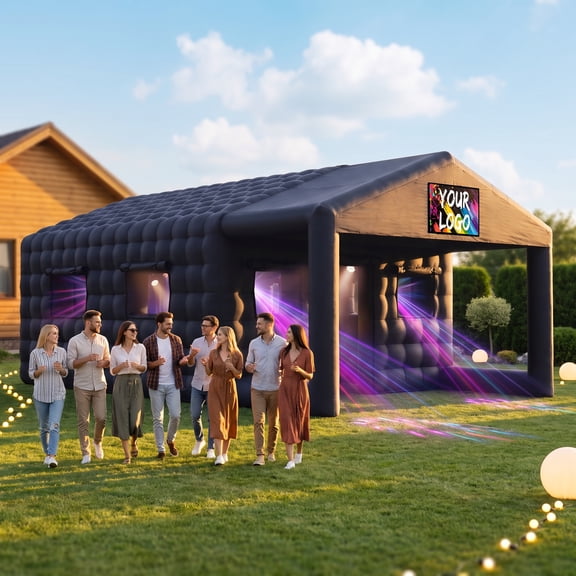 BPMIO Inflatable Nightclub with Gazebo, 27*16.4*12 ft Inflatable Party Tent with 950W Blower & Sandbag, Ventilated Blow up Night Club with 7 Windows for Event Birthday Wedding Party