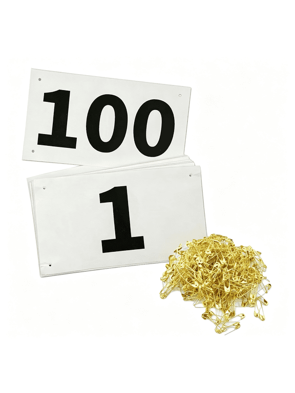 1-100 Running Race Bibs Large Numbers with Safety Pins for Marathon Race Events- Tyvek Tearproof Waterproof Race Bibs