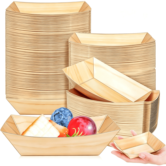 BPPEG 100 Pack Wood Grain 1/4Lb Paper Food Boat Trays, Disposable Small Paper Boats Plates Containers for Snack Fries