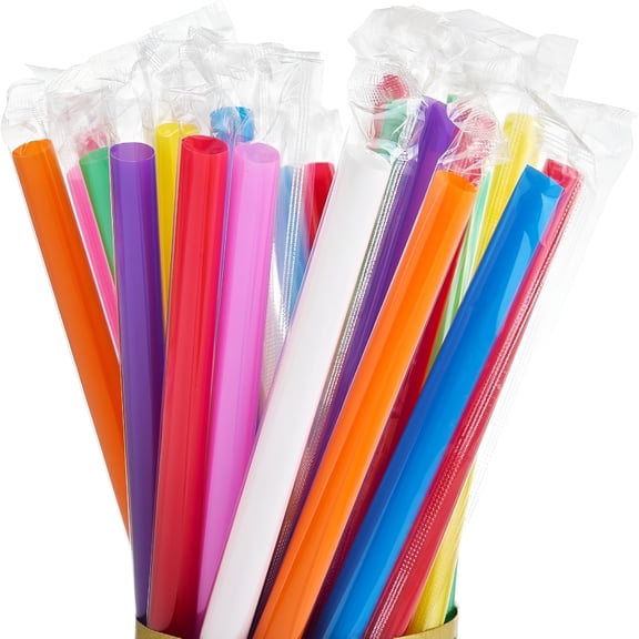 BPPEG 100 Pcs Jumbo Smoothie Boba Straws,Colorful Disposable Plastic Straws,Wide-Mouthed Milkshake Straw,Individually Wrapped Straw for Bubble Tea & Thick Beverages,Parties(0.43" Wide X 8.5" Long)