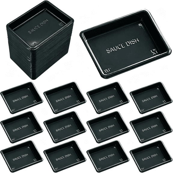 BPPEG 100 Pcs Plastic Disposable Sauce Dishes, Dipping Soy Sauce Seasoning Plate Bowls, Mini Condiment Appetizer Tray for Sushi Soy Mustard Vinegar Ketchup BBQ,Black Rectangle